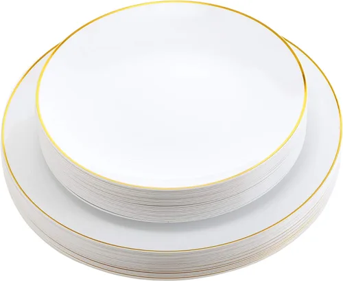 Miniatura 4 de Trendables Juego de 120 platos y cubiertos desechables con borde blanco y dorado de alta calidad, incluye tenedores, cuchillos, cucharas y cucharas