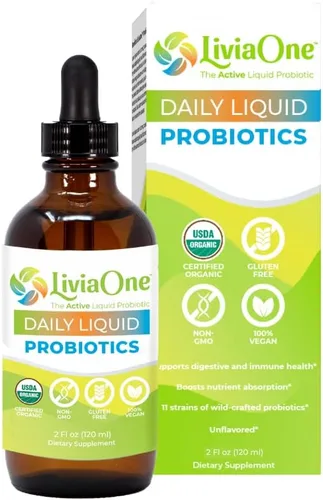 LiviaOne Daily Liquid Probiotics, probióticos orgánicos certificados por USDA, probióticos veganos sin alérgenos y sin gluten para mujeres y