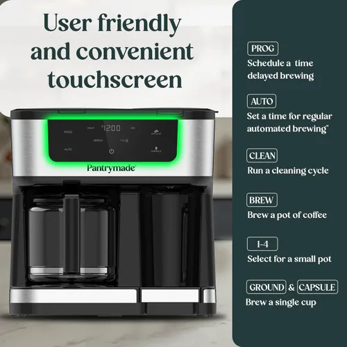 Miniatura 6 de Pantrymade Cafetera de doble preparación, jarra de vidrio de 12 tazas y combo K-Cup de una sola porción Cafetera con pantalla táctil programable