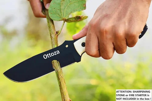 Miniatura 3 de Ottoza Cuchillo de caza de hoja fija con funda de cuero y transporte horizontal, cuchillo de supervivencia y campamento al aire libre de espiga