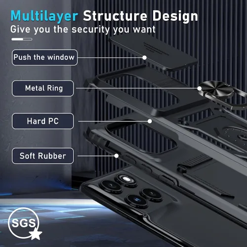 Miniatura 4 de Janmitta Funda compatible con Moto Edge 2025, cubierta integrada para lente de cámara deslizante + soporte de anillo de dedo, resistente, a prueba