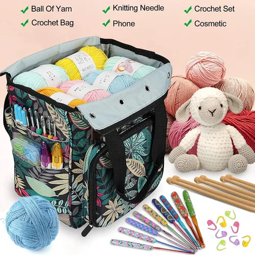 Miniatura 6 de Coopay Bolsa de ganchillo y tejer, organizador de viaje para manualidades, ganchos, agujas, madejas, pintura de diamantes, suministros (verde bosque)