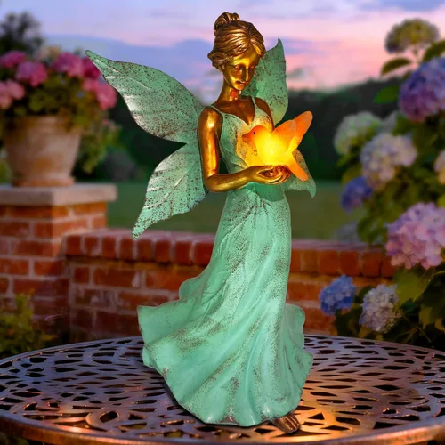 Decoración solar de estatua de jardín de hadas, figura de resina de ángel de 10 pulgadas, impermeable, decoración del hogar con luces LED de colibrí