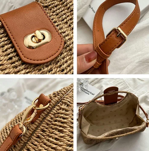 Miniatura 2 de Bolso cruzado de paja para mujer, tejido a mano, bolso de mano de ratán con asa superior de paja, bolso de hombro para playa de verano, bolso