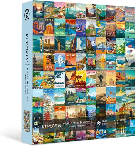 Miniatura 5 de Rompecabezas para Adultos 1000 Piezas Viaje Vintage al Mundo, Rompecabezas de Poster de Paisajes Puntuales del Mundo, Rompecabezas de 1000 Piezas