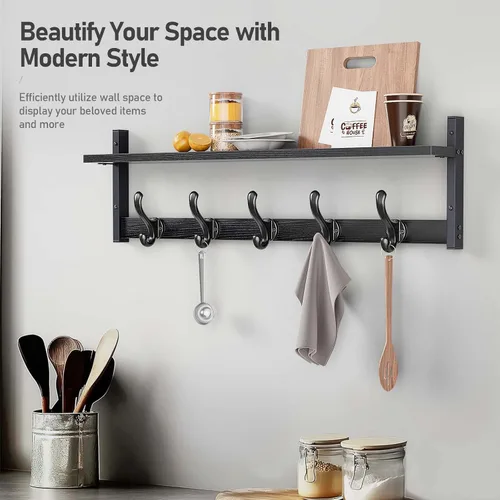 Miniatura 8 de Tatub Perchero rústico de 29 pulgadas con estante, ganchos de pared de entrada con estante, perchas para baño, sala de estar, dormitorio, negro