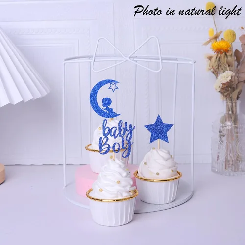Miniatura 7 de 24 piezas de adornos para cupcakes para bebé niño con purpurina luna, estrella, baby shower, revelación de género, cupcakes para celebrar cumpleaños