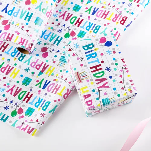 Miniatura 4 de Miss DuiDui Rollo de papel de regalo de feliz cumpleaños, 17 pulgadas x 32.8 pies, texto colorido diseño de feliz cumpleaños, embalaje de regalo