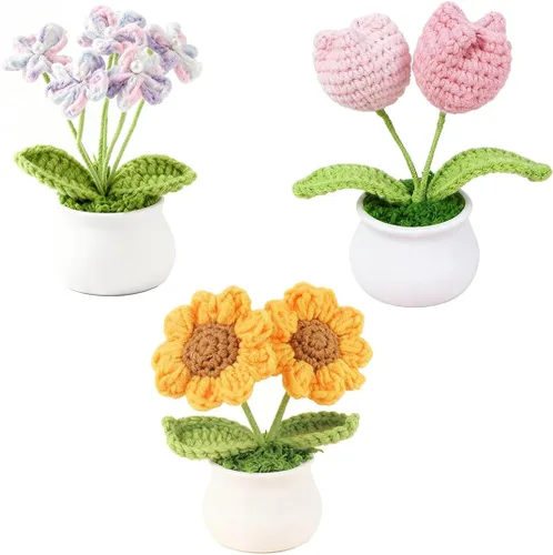 Miniatura 10 de Juego de 3 macetas de ganchillo con margarita rosa y Forget Me Not Small Potted Flowers Crochet Regalo para mamá, esposa, Día de la Madre