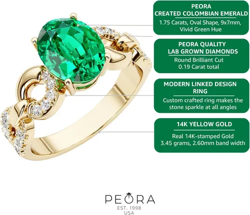 Miniatura 5 de Peora Anillo enlazado de diamantes cultivados en laboratorio con esmeralda colombiana creada en oro amarillo de 14 quilates, 1.94 quilates en total