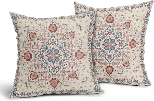 Juego de 2 fundas de almohada bohemias de 18 x 18 pulgadas, diseño bohemio vintage, diseño floral, color beige, diseño étnico, geométrico, funda de