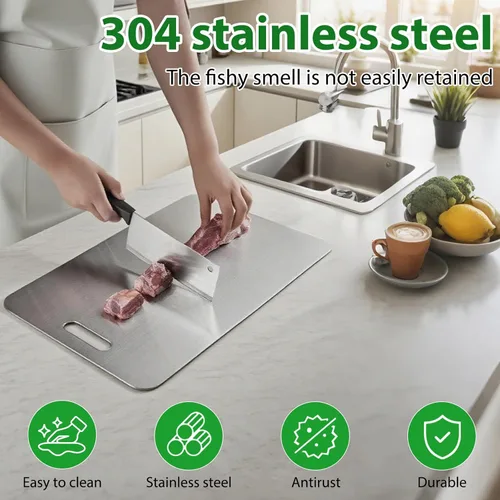 Miniatura 3 de Buytto Tabla de cortar de acero inoxidable, tabla de cortar de titanio de cocina, tabla de cortar de doble cara para cortar carne, verduras y frutas