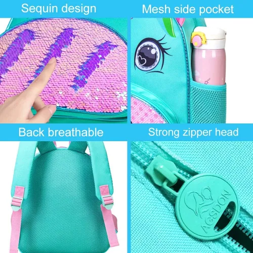 Miniatura 5 de 3 mochilas para niñas pequeñas, 12 pulgadas, con lentejuelas de unicornio y lonchera