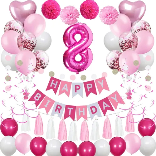 Miniatura 14 de Decoraciones de 4º cumpleaños para niñas, globos de feliz cumpleaños rosa y blanco con el número 4, suministros para fiesta de cumpleaños