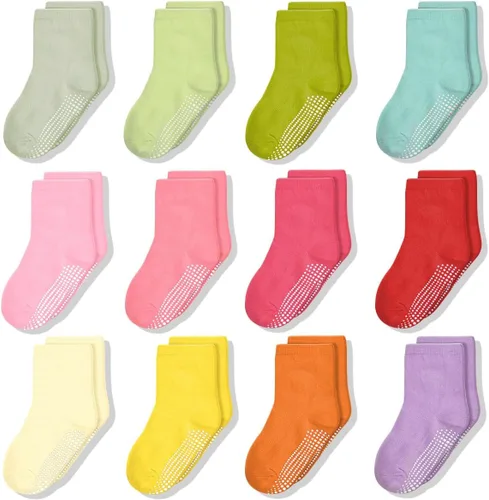 SkiBeaut Calcetines para niños pequeños, 12 pares de puños antideslizantes para niños y niñas con pinzas para 1-7 años