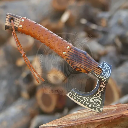 Miniatura 7 de Hacha vikinga decorativa - Regalo único para papá Hoja de acero al carbono con mango de cuero perfecto para bushcraft o exhibición (SCA-16)