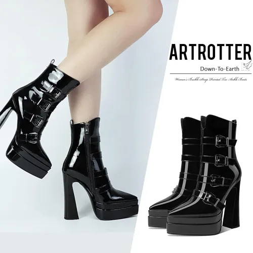 Miniatura 2 de Artrotter Botas de plataforma para mujer botas de tacón alto grueso y puntiagudo botas de combate con correas de hebilla cremallera lateral
