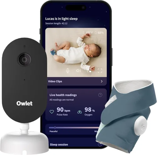 Owlet Dream Duo (Gen 3) Smart Baby Monitor All-in-One Bundle - 2K HD Video Baby Monitor with Alerts & Owlet Dream Sock Tracks Baby’s Oxygen, Heart