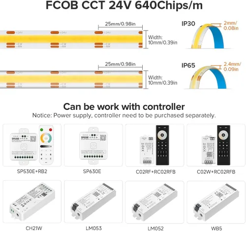 Miniatura 4 de Tira LED COB CCT de 16.4 pies IP65 Waterpoof sintonizable 3000K-6000K DC24V Tiras COB flexibles de alta densidad 640LED/m CRI90+ cinta de luz LED
