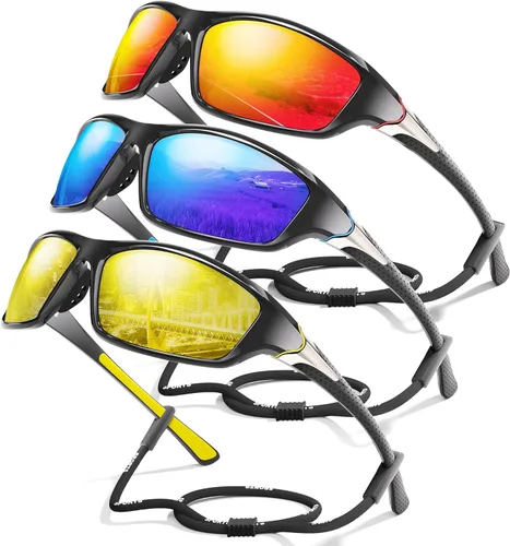 Miniatura 12 de Paquete de 3 lentes de sol deportivos polarizados para hombres, gafas de sol masculinas envolventes con protección UV para ciclismo, pesca