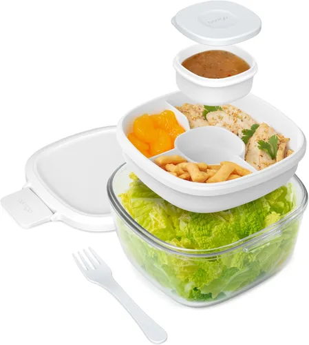 Miniatura 20 de Bentgo Recipiente de Ensalada de Vidrio Todo en Uno - Ensaladera Grande de 61 oz con Tapa, Bandeja Estilo Bento de 4 Compartimentos, Recipiente