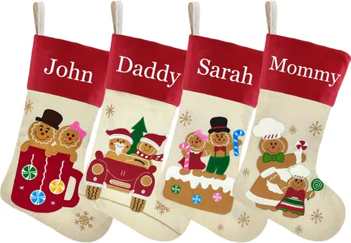Miniatura 47 de Juego de 3, medias de Navidad personalizadas de 18 pulgadas con tecnología de bordado, diseños de Papá Noel, muñeco de nieve y renos para decoración