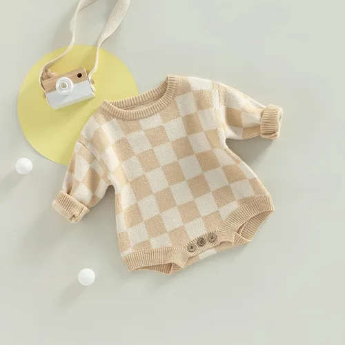 Miniatura 3 de Ropa unisex de tablero de ajedrez para bebé, niña y niño, mameluco de punto con burbujas, mameluco de una pieza