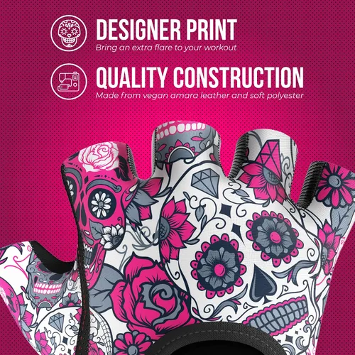 Miniatura 4 de Contraband Pink Label 5237 - Guantes de entrenamiento de diseñador para mujer, estampado de calavera de azúcar y acolchado Grip-Lock™ (rosa, XS)