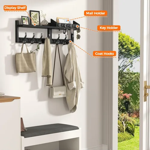 Miniatura 4 de Evermagin Perchero de pared de 29 pulgadas con estante, perchero 4 en 1 y colgador de llaves con 11 ganchos de metal, estante montado en la pared