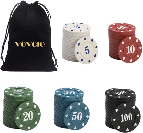 VOVCIG Juego de fichas de póquer de 100 piezas, 5 colores para el hogar, juegos de póquer, noches, fiestas, clubes o juegos de póquer nocturnos