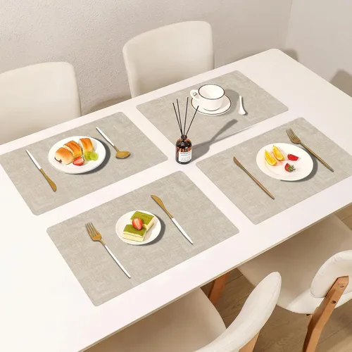 Miniatura 7 de Juego de 6 manteles individuales de piel sintética (beige) Heat Resistant Wipeable Washable Place Mats, Waterproof Anti-Slip Dining Table Mats