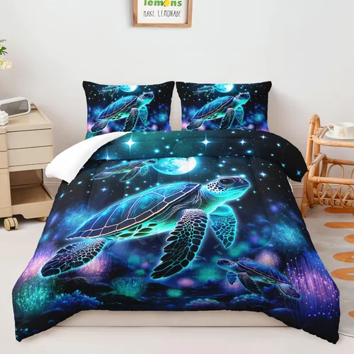 Miniatura 10 de AILONEN Lindo juego de edredón de ajolote tamaño Queen, 3 piezas para niños y niñas, ropa de cama en una bolsa, ropa de cama costera azul turquesa