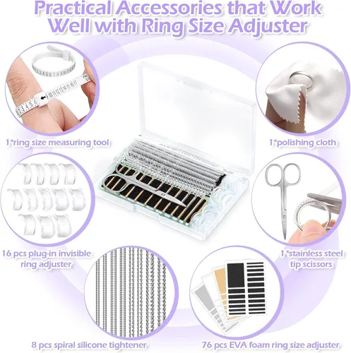 Miniatura 5 de 100 piezas de ajuste de tamaño de anillo para anillos sueltos con herramienta de medición de tamaño de anillo, protectores de anillo invisibles