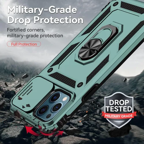 Miniatura 6 de Funda para iPhone 12 Pro Max, con cubierta para lente de cámara, protector de pantalla HD, [grado militar] anillo de montaje en automóvil con Verde