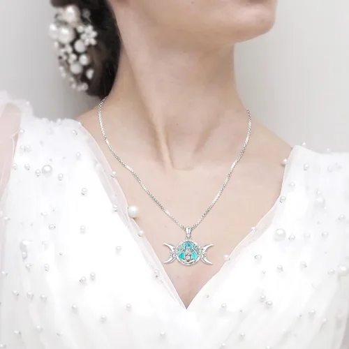 Miniatura 202 de Collar de pentagrama de plata de ley con triple luna, diosa celta, nudo celta, nudo de brujas, Ankh, sol y luna, Hécate, lilith, Santa Muerte
