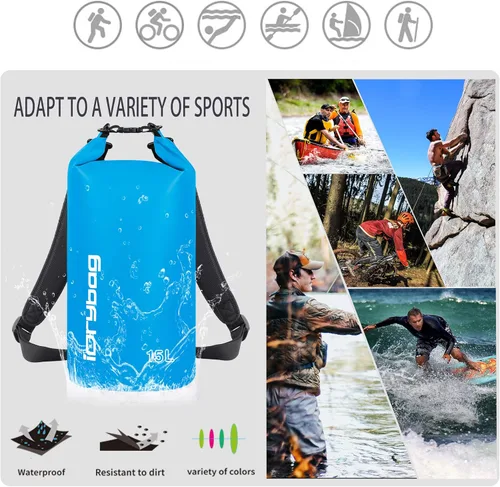 Miniatura 5 de IDRYBAG Bolsa seca para kayak impermeable 2L/5L/10L/15L/20L, pequeña bolsa impermeable para navegación Azul claro