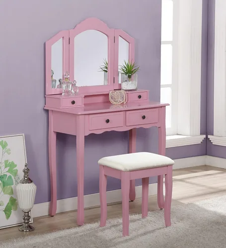 Miniatura 8 de Roundhill Furniture, Sanlo - Juego de tocador y banco de madera, blanco
