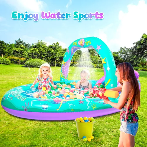 Miniatura 6 de SULIFEEL Centro de Juego Inflable de Sirena Piscina para Niños con Tobogán y Aspersor para Niños, 96''x59''x39'' Piscina para Bebés para Patio