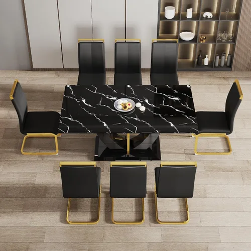Miniatura 2 de Juego de mesa de comedor de 71 pulgadas para 8, juego de mesa de comedor de mármol sintético negro para 8, juego de mesa de cocina rectangular
