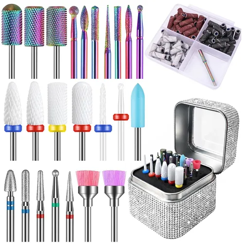 Miniatura 8 de Juego de 100 brocas de uñas con caja de almacenamiento, 25 brocas profesionales de carburo de tungsteno, cerámica y cutículas + 75 bandas de lijado