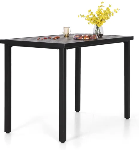 PHI VILLA Mesa de bar alta para exteriores, mesa de comedor de 55 x 27 pulgadas de altura de mostrador con marco de metal similar a la madera y
