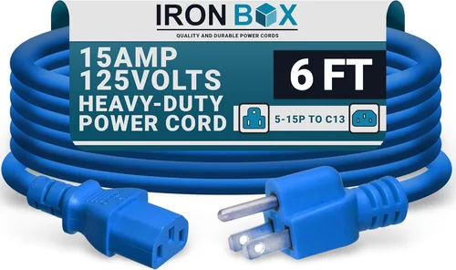 IronBox Electric - Cable de alimentación de servicio pesado 5-15P a C13 - Cable de 3 clavijas 15A 125V 14/3 SJT para PC - Cable para computadora,
