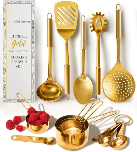 Juego de utensilios de cocina dorados con tazas medidoras y cucharas, 13 piezas de accesorios de cocina dorados de lujo, incluye tazas medidoras de