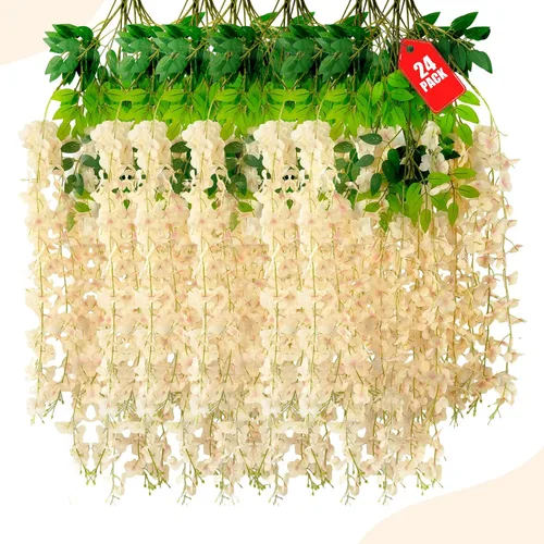 Miniatura 40 de Paquete de 12 flores colgantes de glicina rosa, flores colgantes falsas de 3.44 pies, guirnalda de glicina artificial para decoración de boda, telón