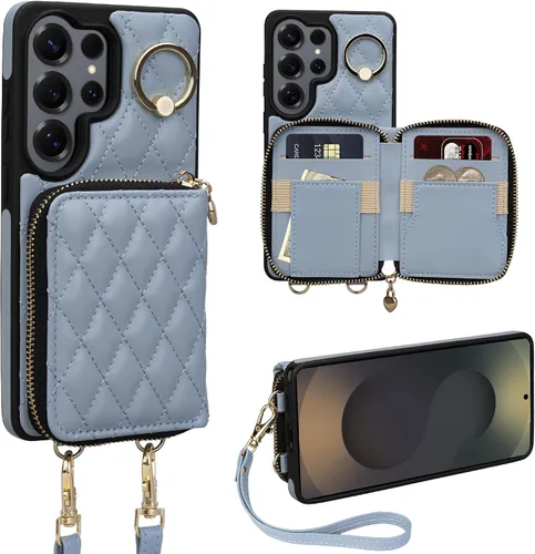 Miniatura 49 de Funda tipo cartera para iPhone 15 de 6.1 pulgadas, bolso cruzado con cremallera y correa para la muñeca con cordón para mujer, tarjetero con bloqueo