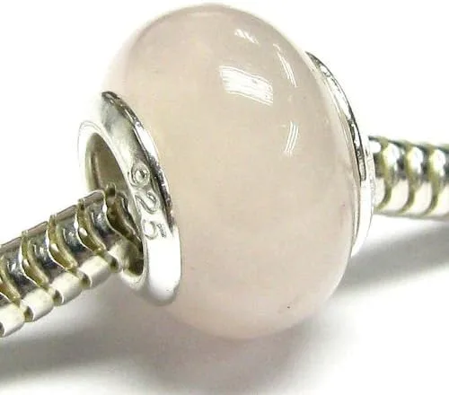 Miniatura 2 de Dreambell Cuentas redondas de cuarzo rosa natural de plata de ley 925 para pulseras europeas, Plata esterlina, Cuarzo