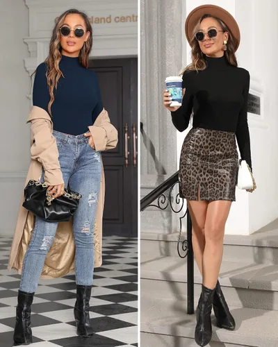 Miniatura 4 de MANGOPOP Women's Mock Turtle Neck Slim Fit Long Sleeve T Shirt Tight Tops Tee