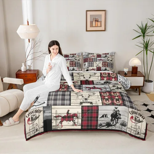 Miniatura 3 de Erosebridal Juego de edredón para niños y niñas, juego de ropa de cama con estampado de vaquero, diseño de granja, a cuadros, caballo y vaca