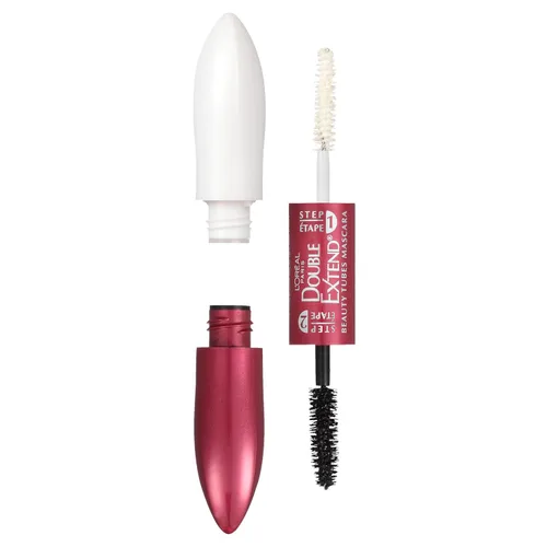 L'Oreal Paris Máscara de pestañas de doble extensión con tubo, máscara de alargamiento de 2 pasos, a prueba de manchas, negro
