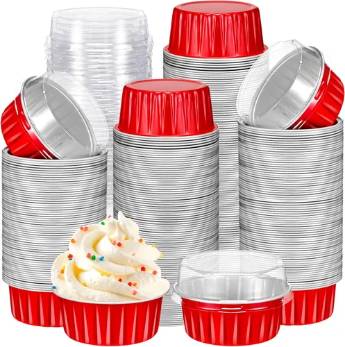 Miniatura 27 de Gejoy 400 Piezas Moldes de Papel de Aluminio para Hornear con Tapas 5 oz Moldes Desechables Ramekins Mini Moldes para Pasteles Crème Brûlée Moldes